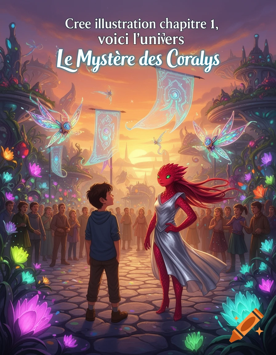 A boy faces a red-skinned alien woman in a vibrant fantasy city with glowing plants, banners, and a crowd at sunset, in an illustration.