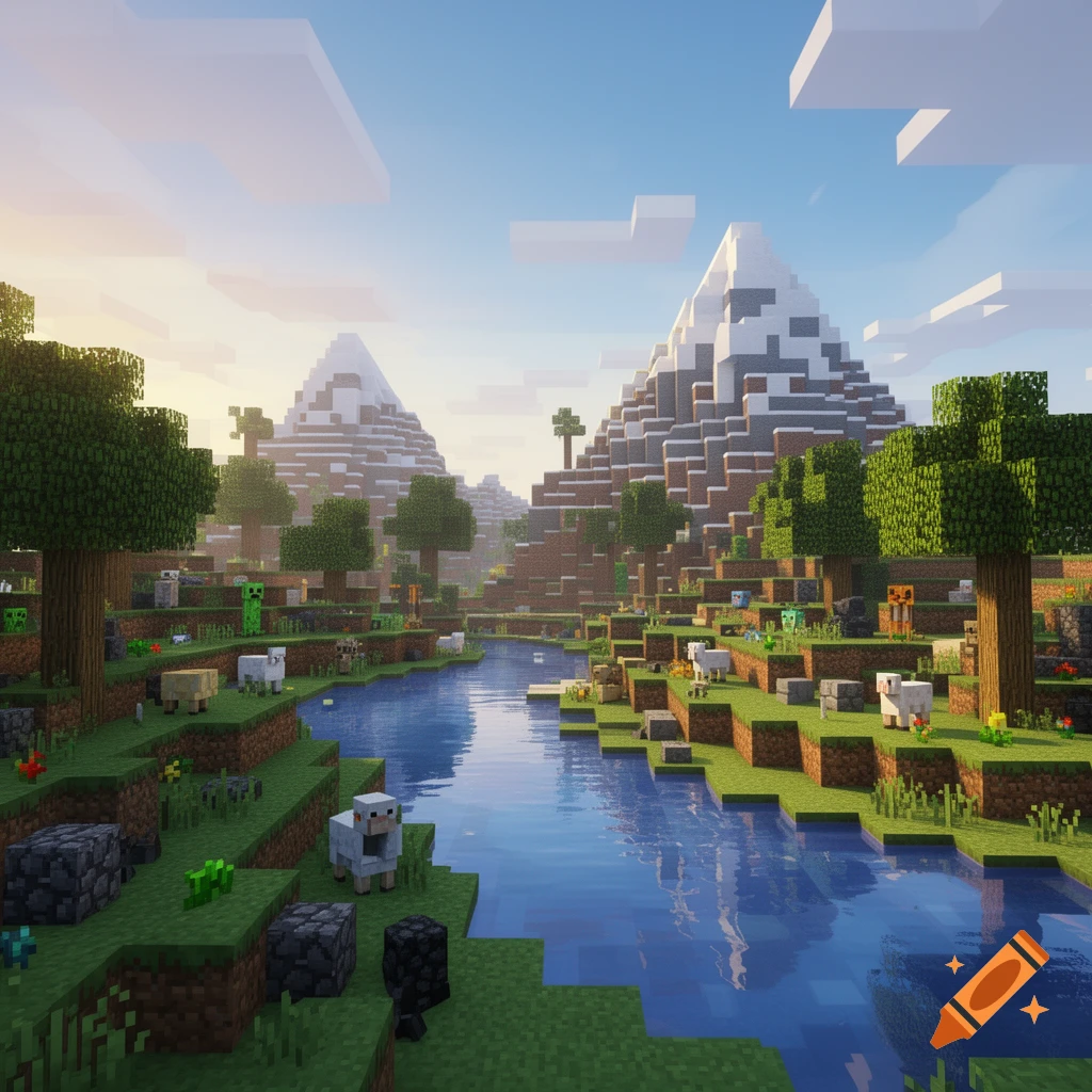 A vibrant Minecraft landscape with a winding river, green trees, sheep, Creepers, and snowy block mountains under a partly cloudy sky.