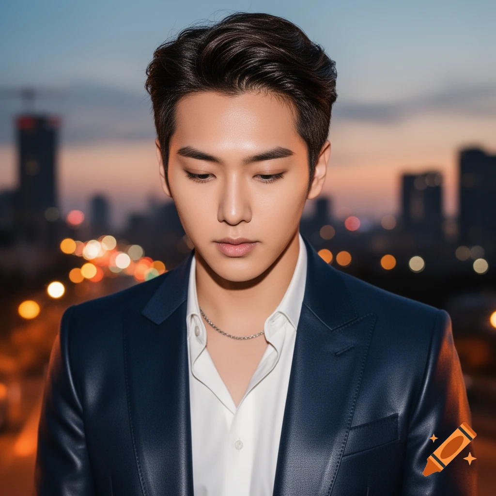 A photorealistic portrait of a man with dark hair looking down, wearing a dark suit jacket and white shirt, against a blurred city background at dusk.