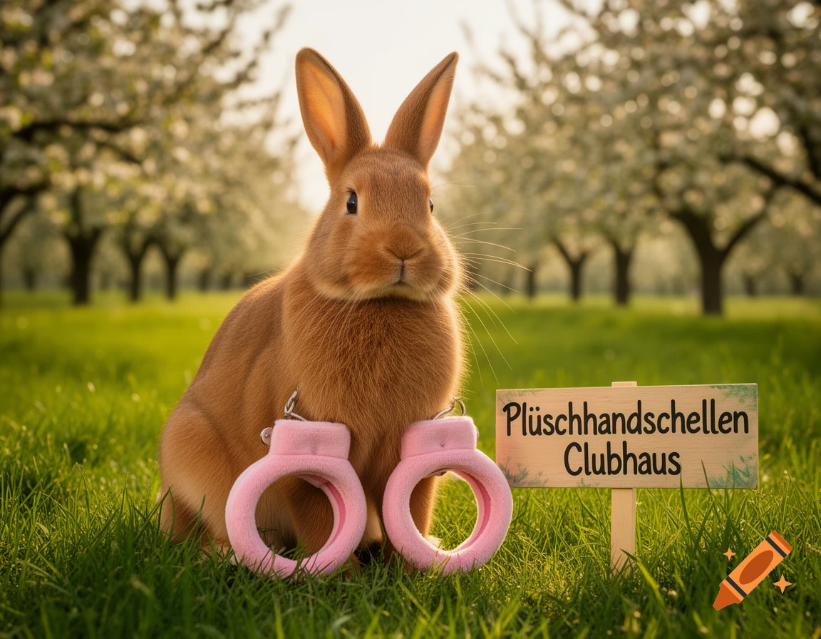 A cute brown rabbit sits in a grassy orchard next to pink plush handcuffs and a wooden sign that reads "Plüschhandschellen Clubhaus" in a photorealistic style.