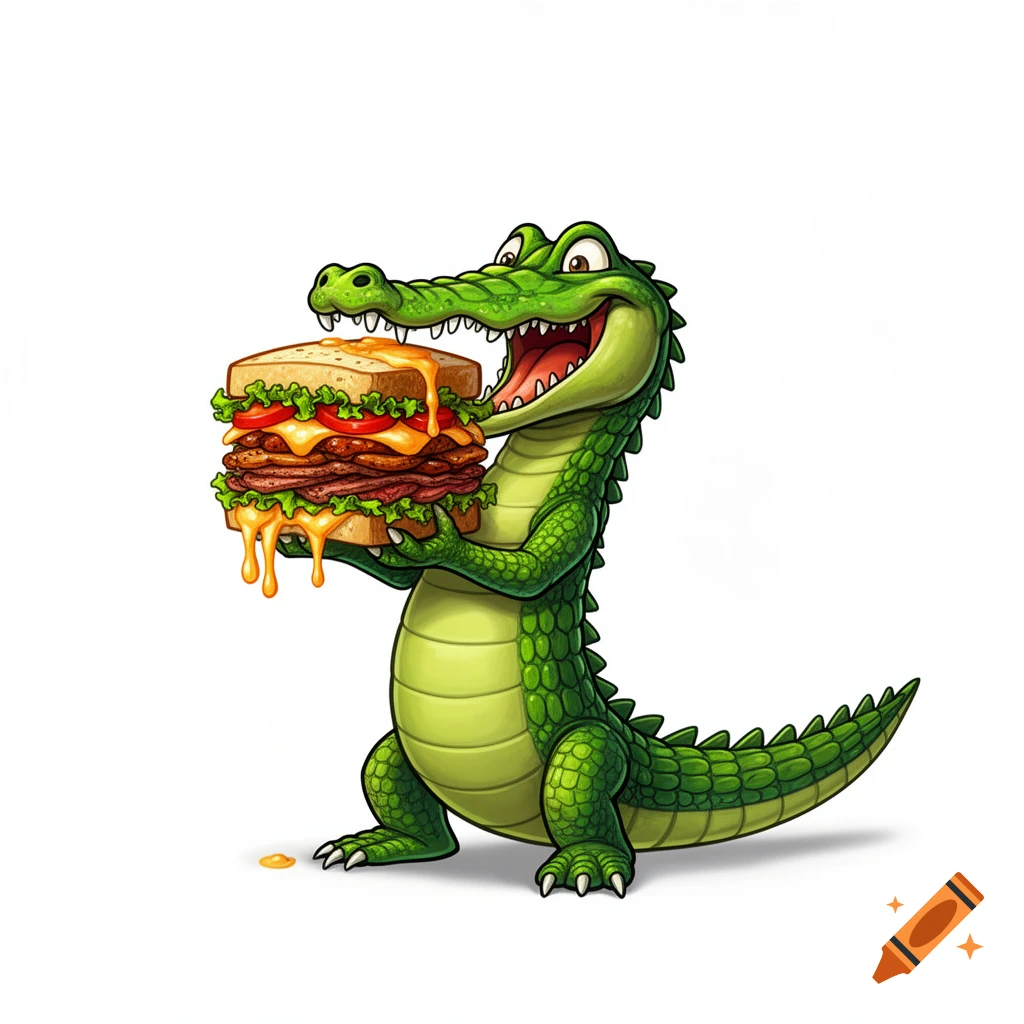 A happy cartoon crocodile stands on a white background, holding and eating a giant, cheesy sandwich.