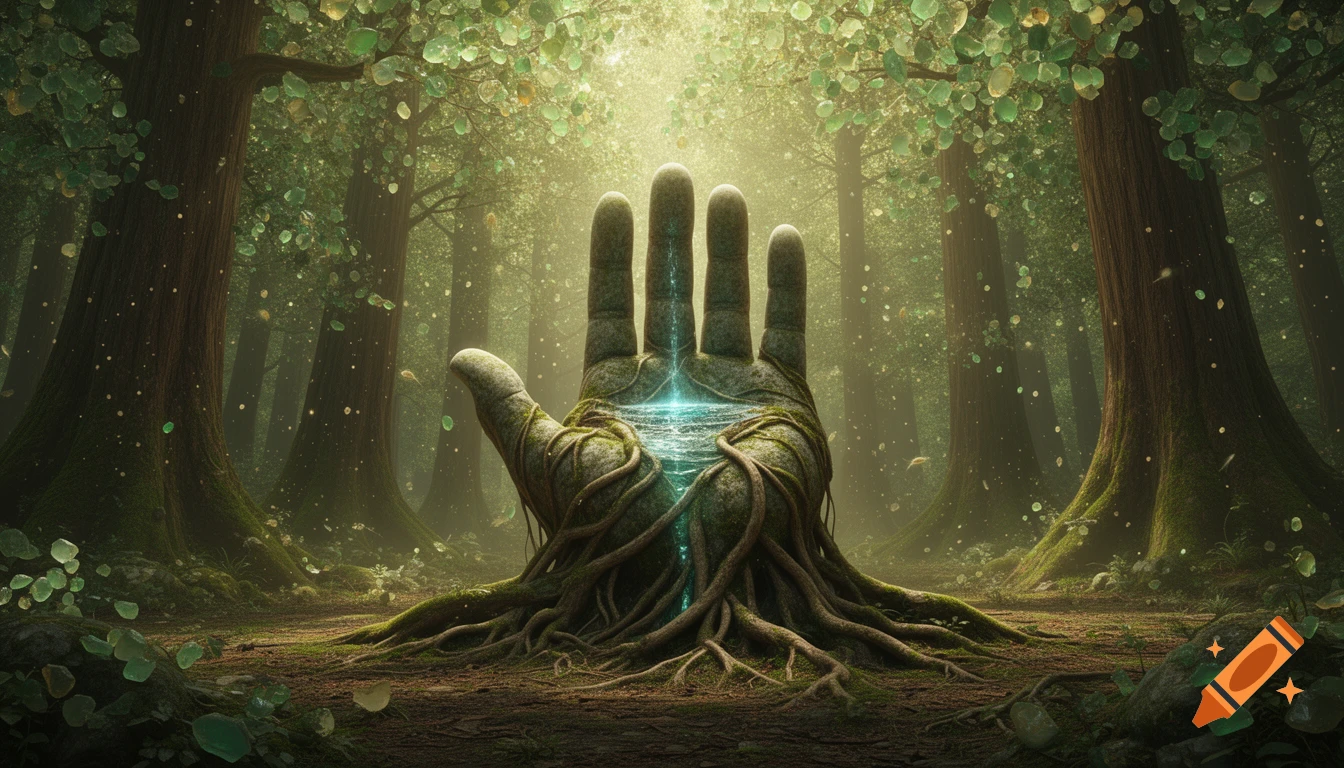 Photorealistic fantasy art of a monumental stone hand sculpture with roots and glowing water in an ethereal forest clearing.