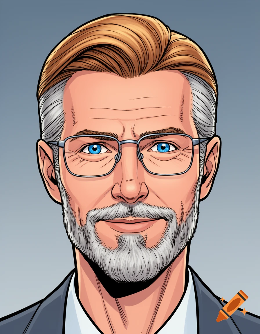 Comic-style portrait of a smiling older man with blond and grey hair, glasses, blue eyes, and a grey beard, wearing a suit.