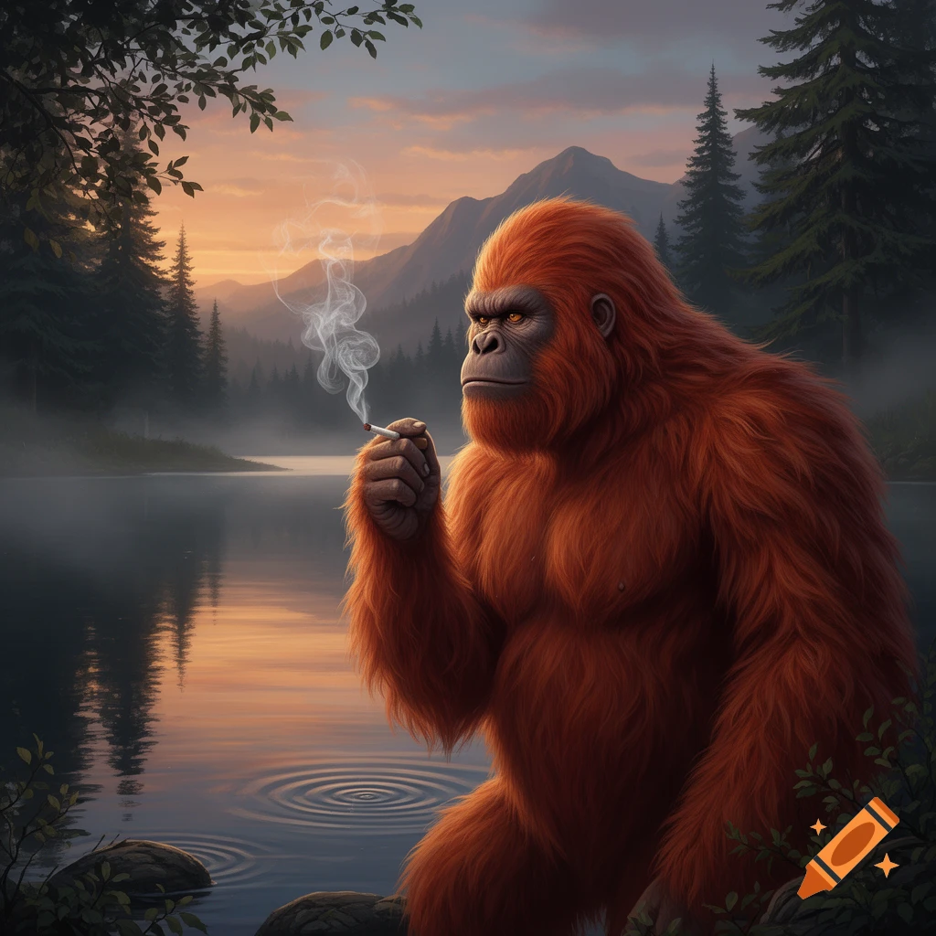 A photorealistic ginger sasquatch smokes a cigarette by a serene lake at sunset, with mountains and pine trees in the background.