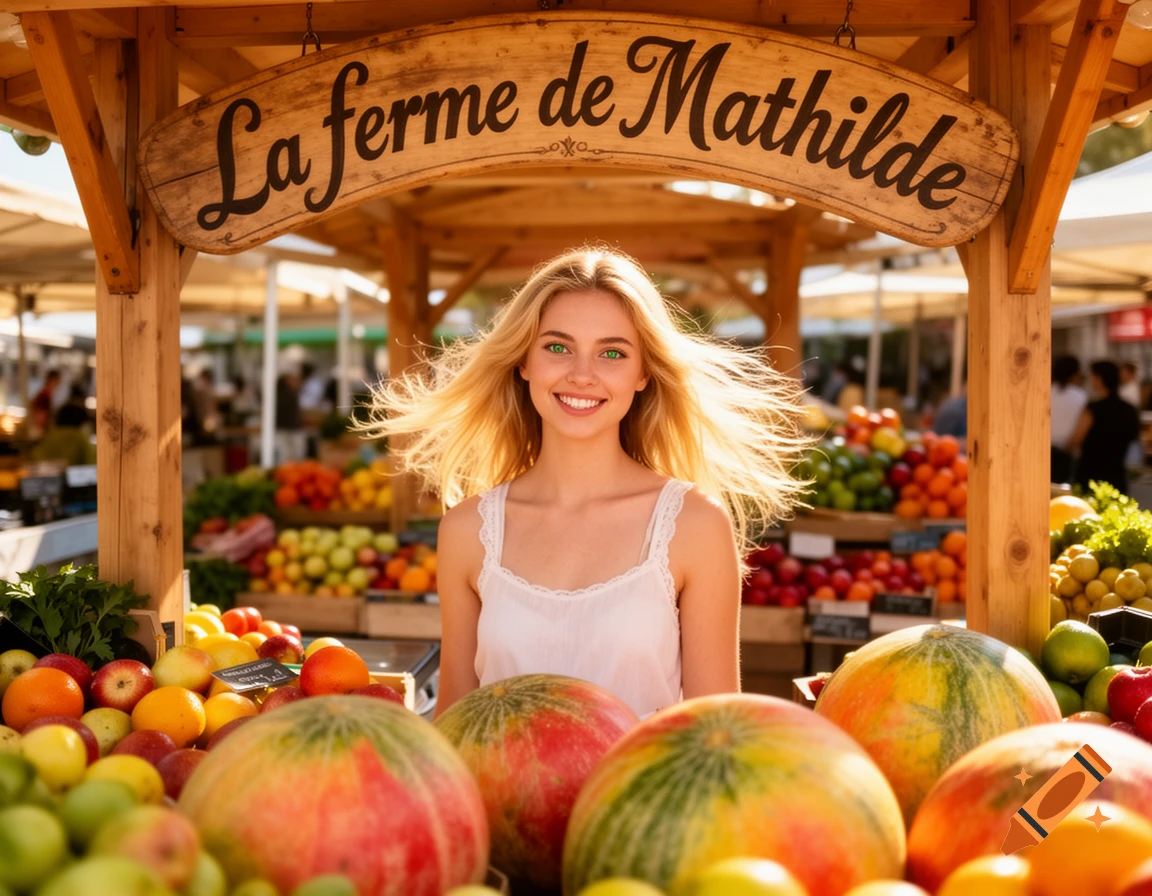 Smiling blonde woman with green eyes behind a farmer's market stall overflowing with colorful fruits and a sign "La ferme de Mathilde".