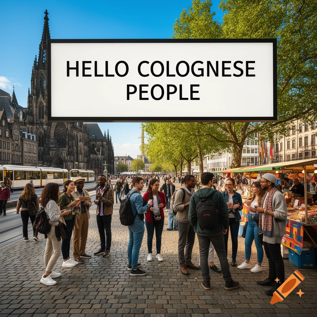 Photorealistic street scene in Cologne with diverse people, a large sign reading 'HELLO COLOGNESE PEOPLE', and a Gothic cathedral.