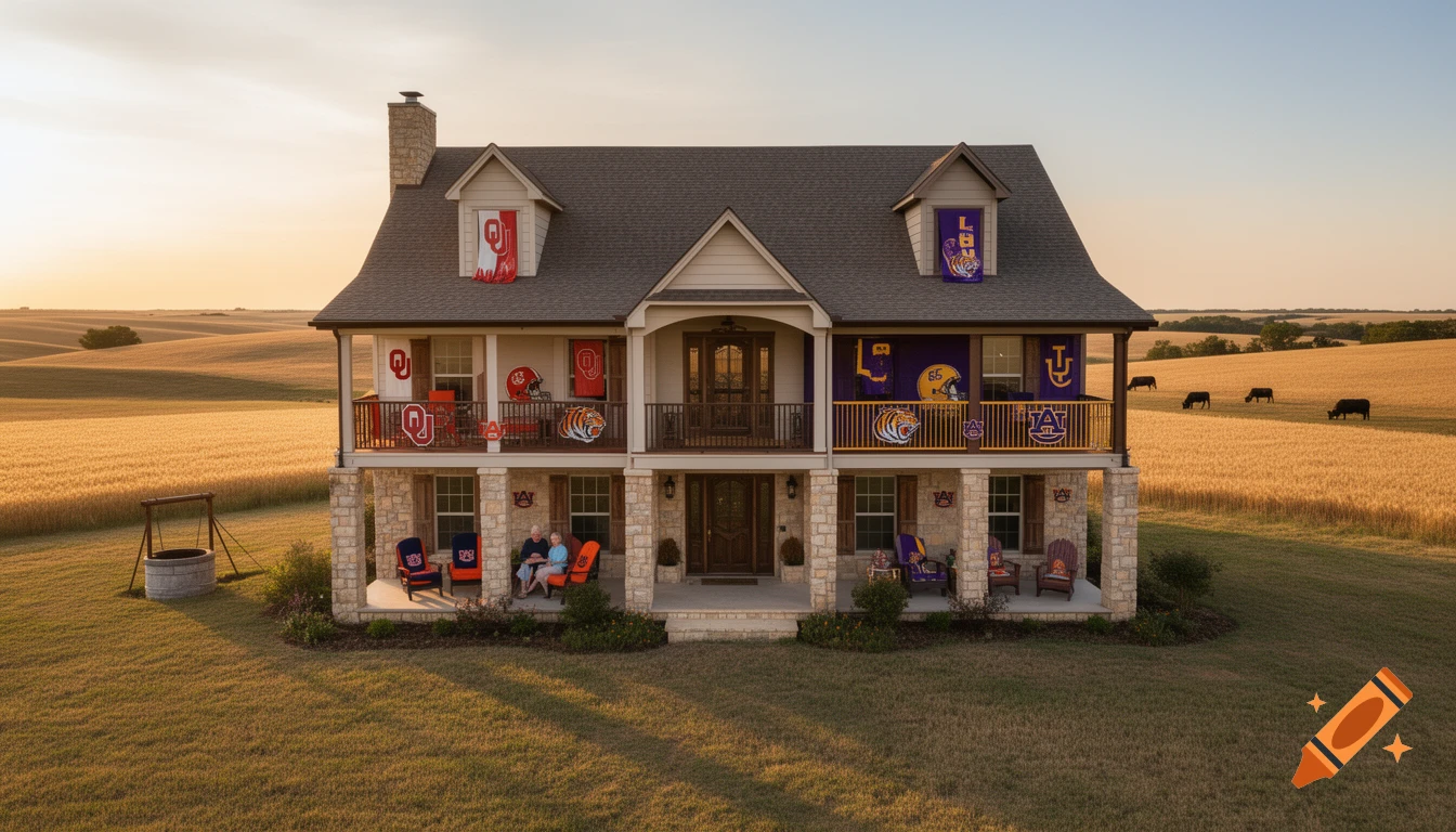 A grand two-story ranch house at golden hour in rural Oklahoma, surrounded by wheat fields and cattle. The house is decorated with Oklahoma Sooners, LSU Tigers, and Auburn Tigers college football team banners and logos.