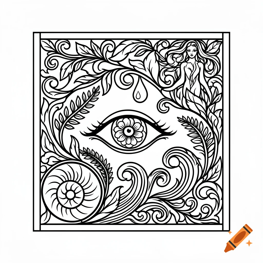 Black and white line art of a stylized eye with a flower iris, surrounded by intricate foliage and a merging female figure, within a square frame.