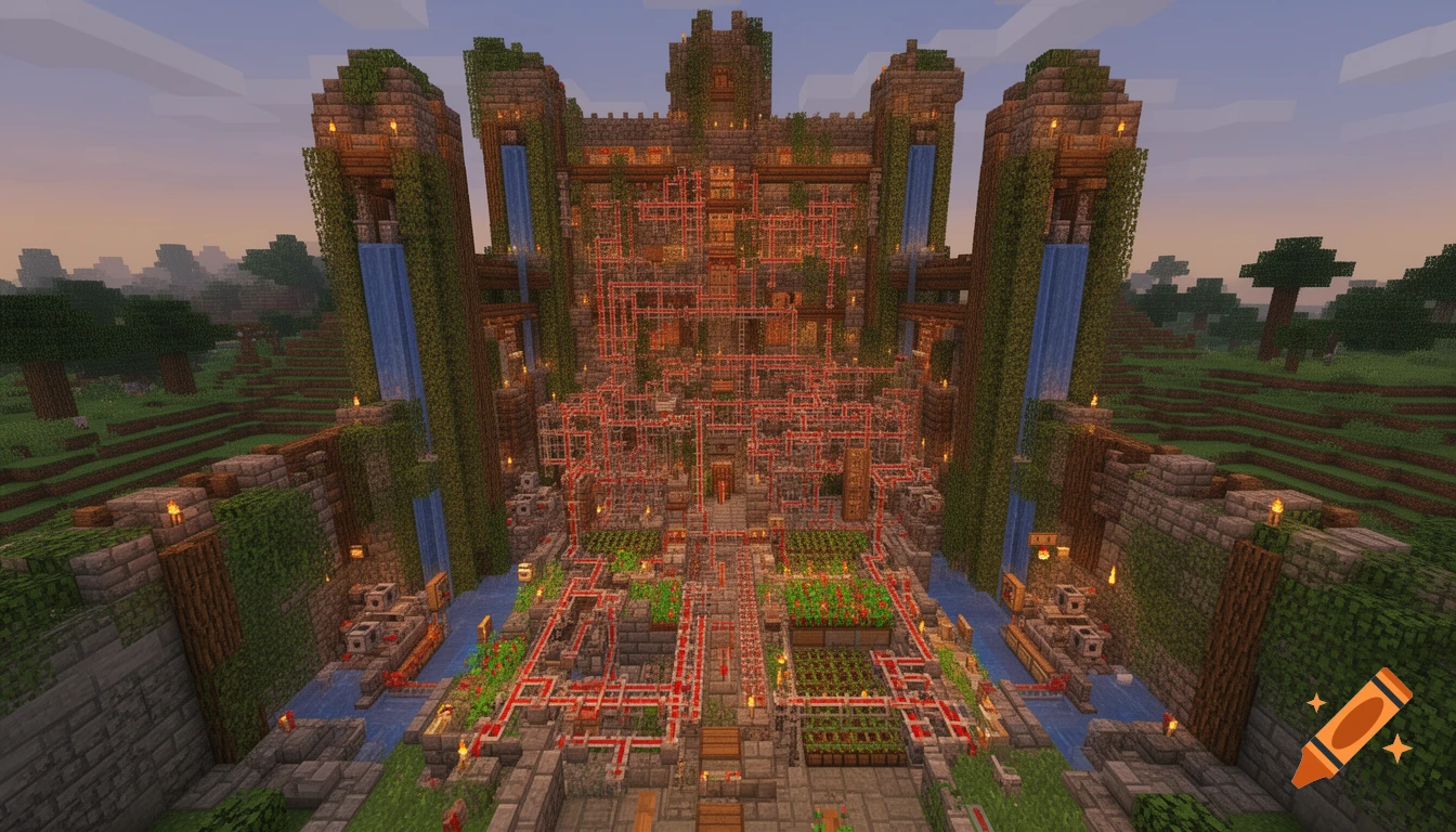 A large, detailed Minecraft base with extensive redstone mechanisms, waterfalls, and terraced gardens under a sunset sky.