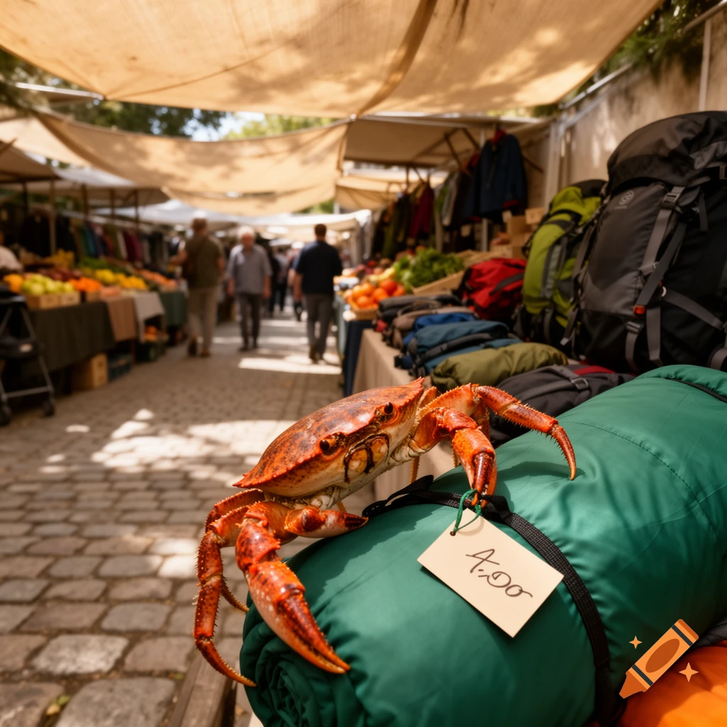 A large red crab sits atop a green sleeping bag with a price tag, in a bustling outdoor market filled with stalls and shoppers.