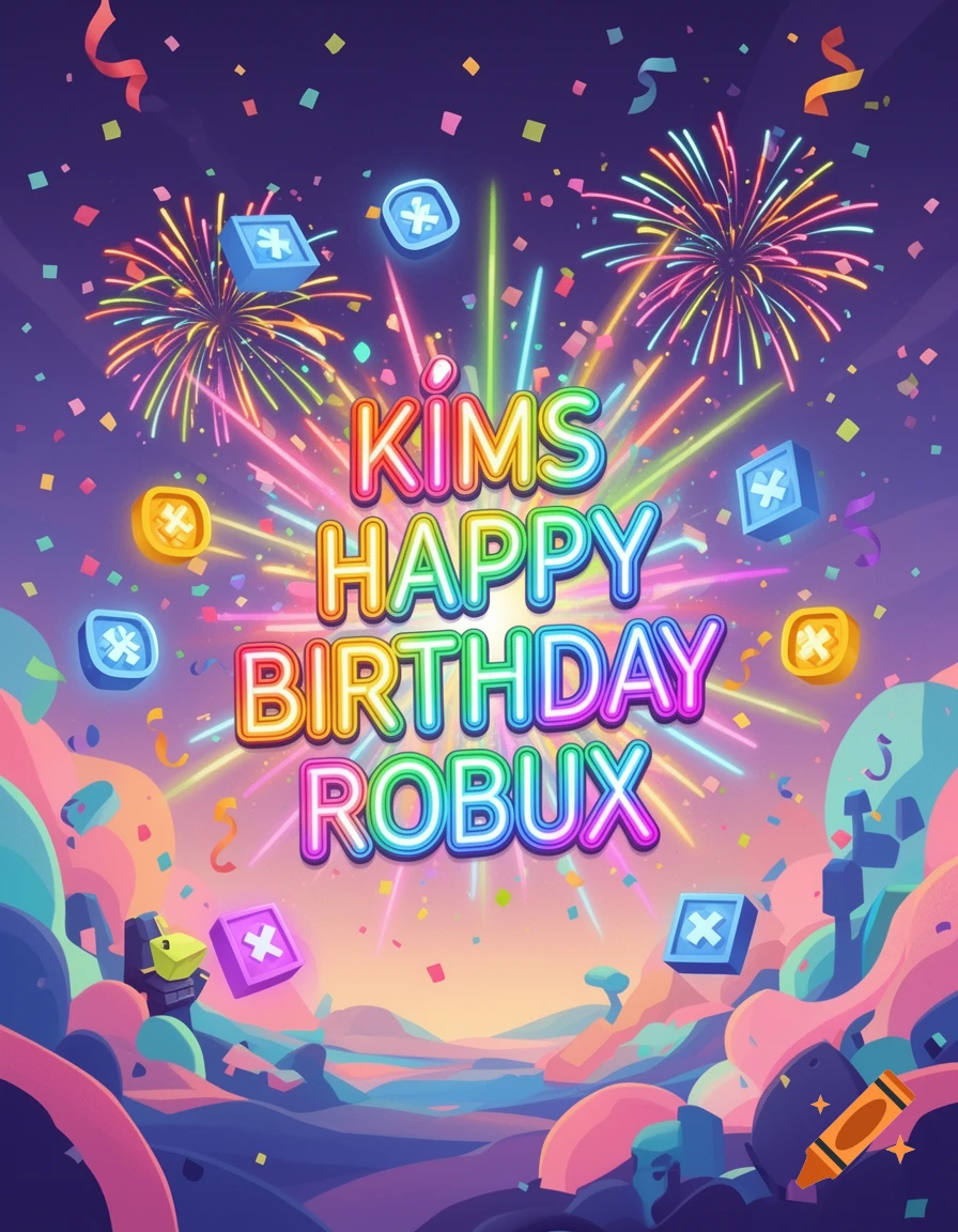 Vibrant digital art birthday flyer with 'Kims Happy Birthday Robux' text, fireworks, confetti, and a stylized landscape.