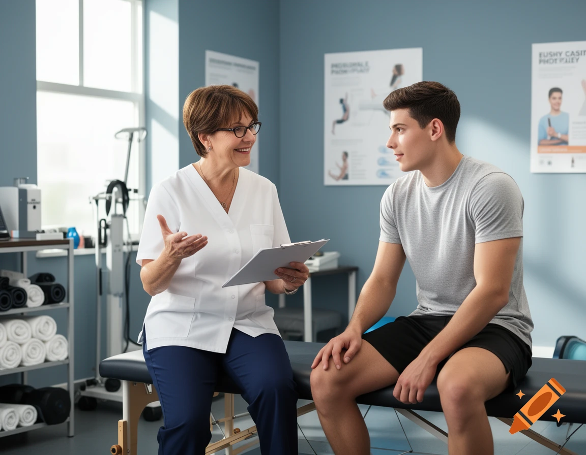 A female physiotherapist in a white uniform talks to a male patient on an exam table in a clinic.