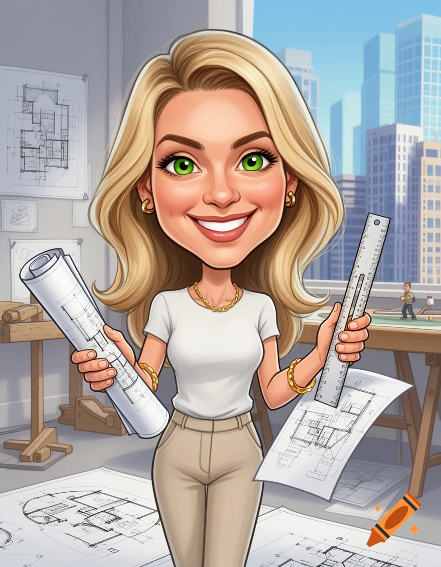 Smiling cartoon caricature of a blonde female architect holding blueprints and a ruler in an office with a city skyline.