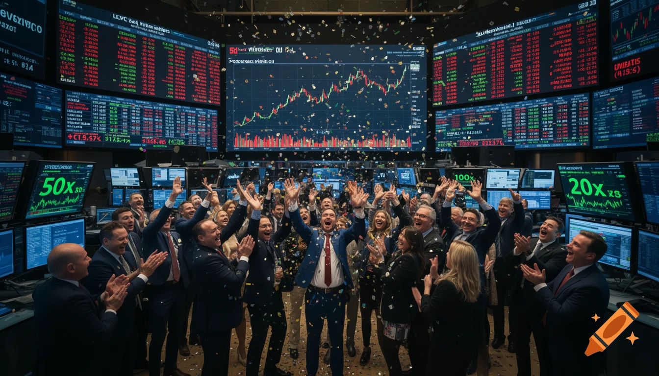 Group of business people celebrating with confetti in a stock exchange, with large screens displaying financial charts and "50x", "20x", "100x" leverage.