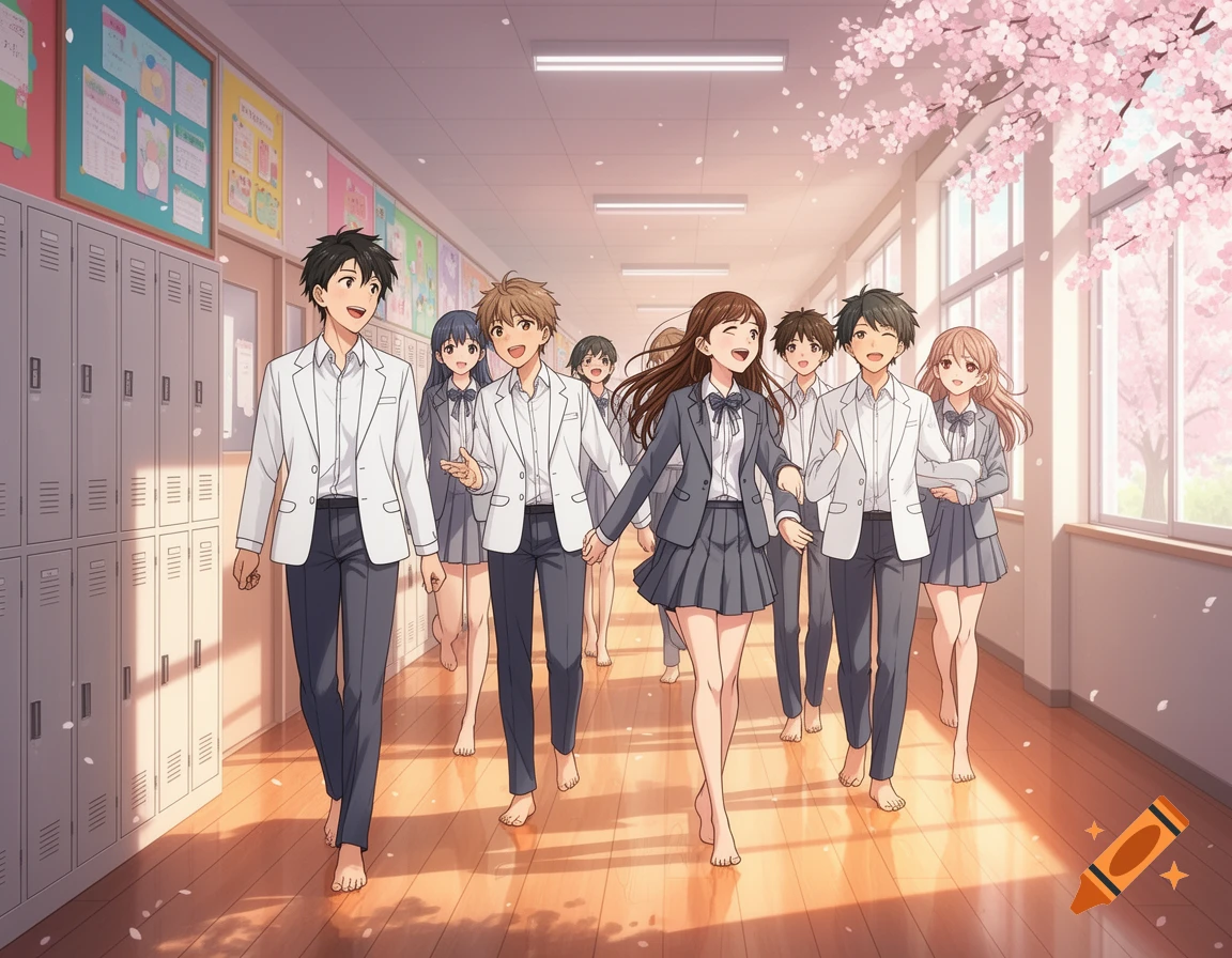 Anime students walk barefoot in a sunny school hallway, with cherry blossoms outside the windows.