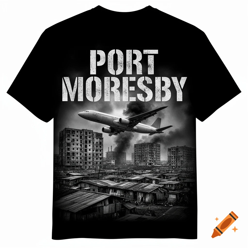 A black t-shirt with a dystopian monochrome graphic of a low-flying airplane over shanties and buildings, with 'PORT MORESBY' text.