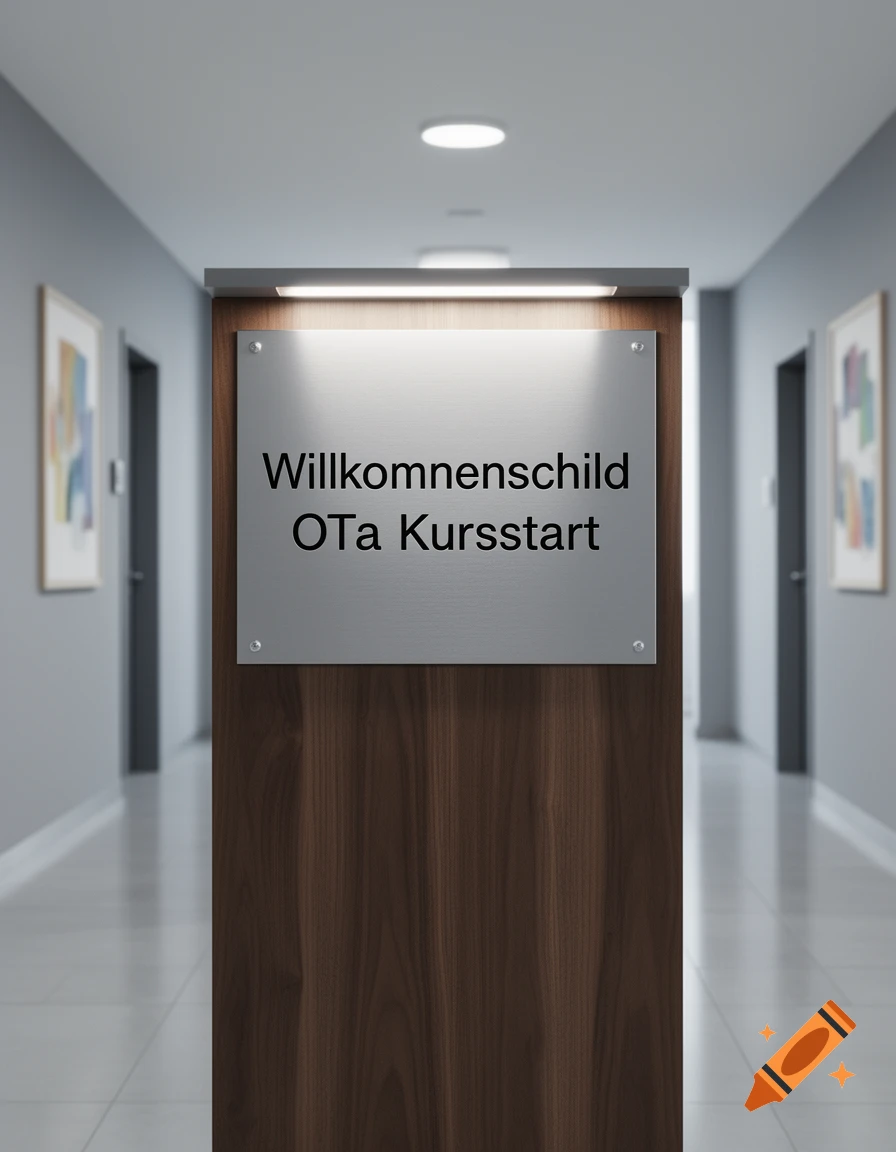 A close-up of a welcome sign in a modern hallway. The sign reads 'Willkommensschild OTa Kursstart'.