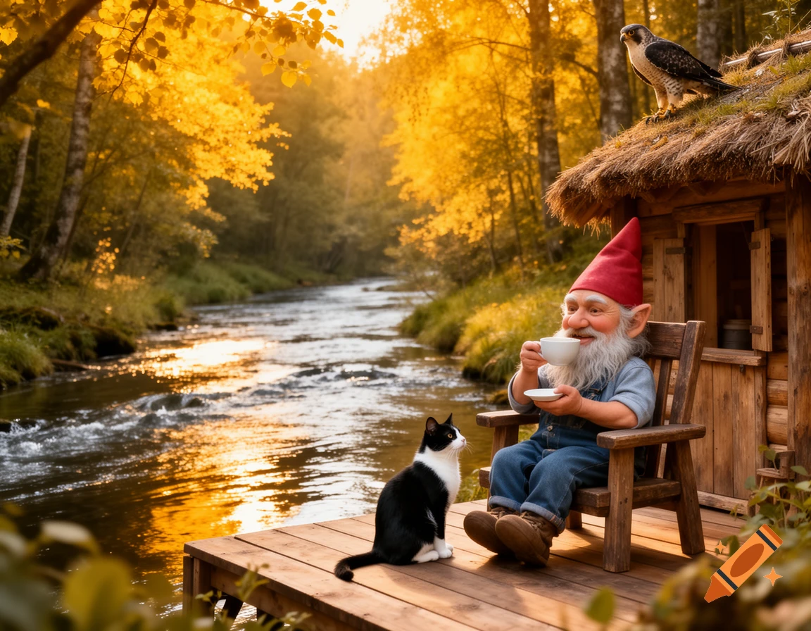 Photorealistic gnome sips coffee on a cabin porch with a cat and falcon, overlooking a golden autumn river and forest.