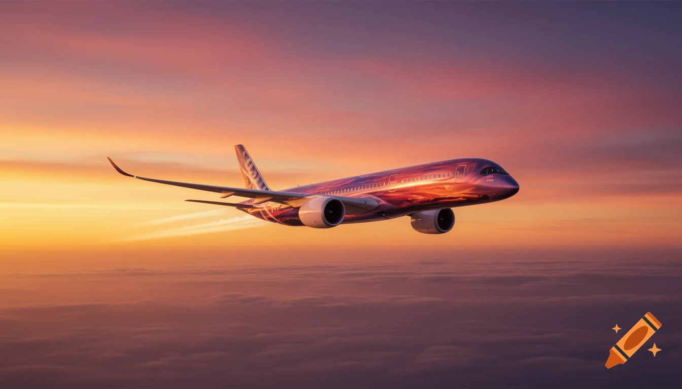 A photorealistic A350 airplane flying above clouds during a vibrant orange and purple sunset.