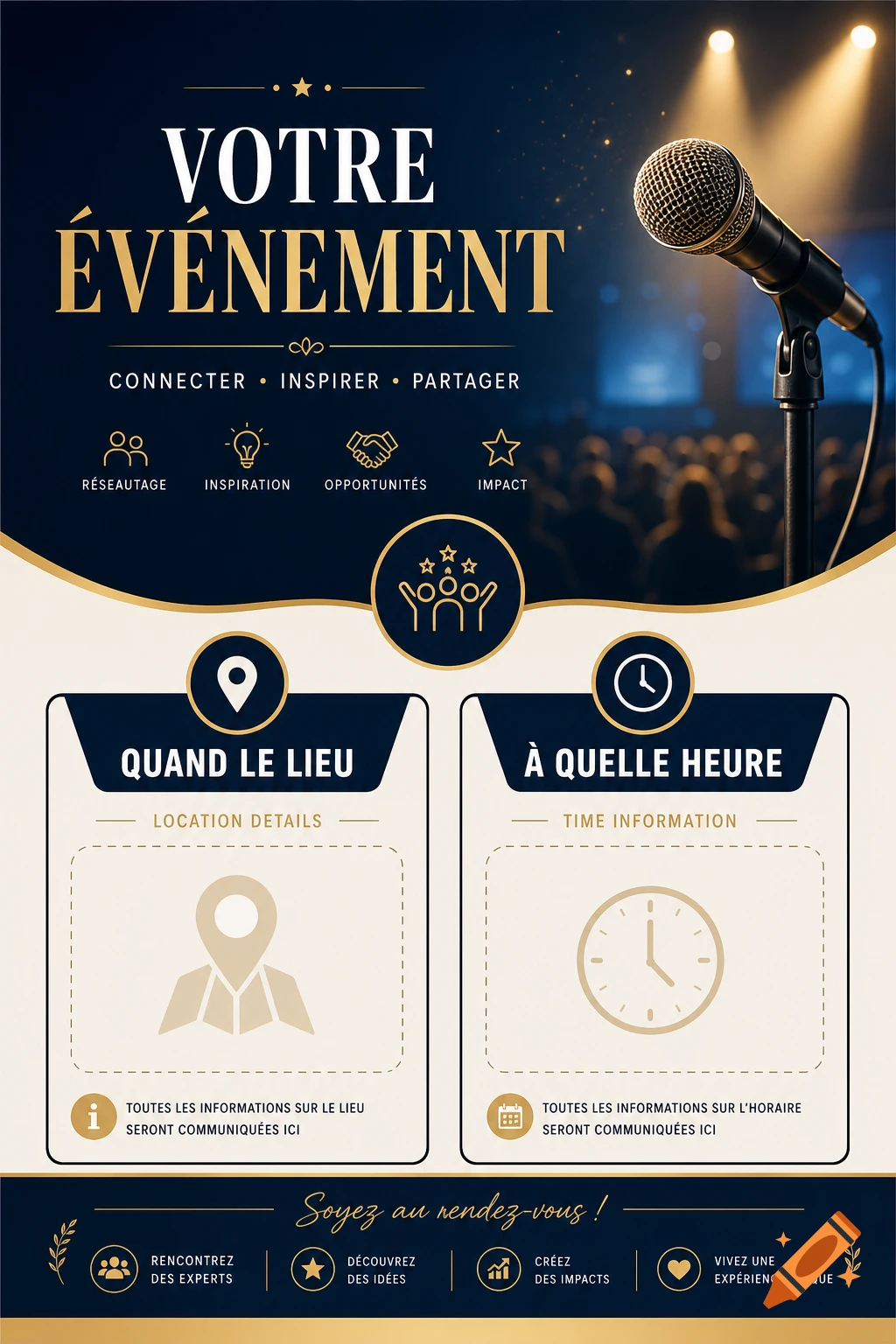 A blue and gold event poster features a microphone, a blurred audience, and text in French about event details, location, and time.