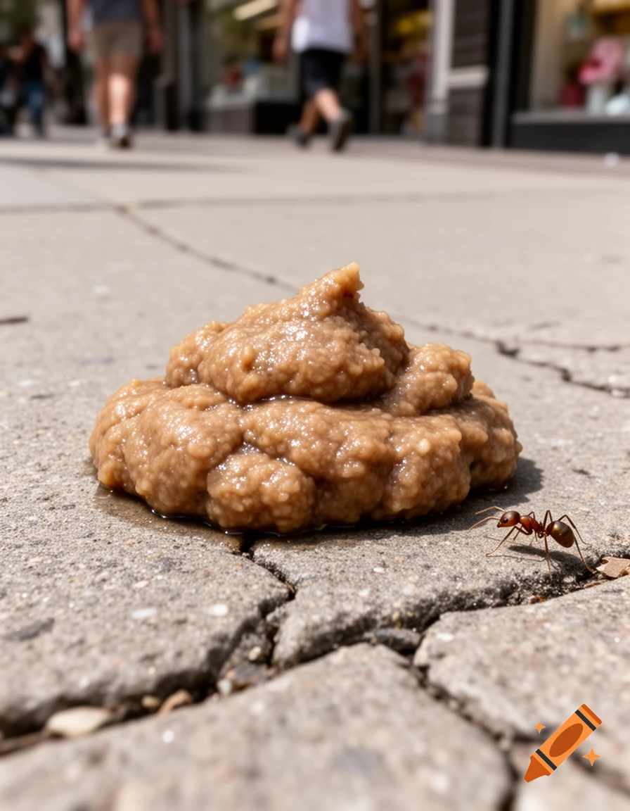 A pile of feces on a cracked sidewalk with an ant nearby and blurry people walking in the background, photorealistic.