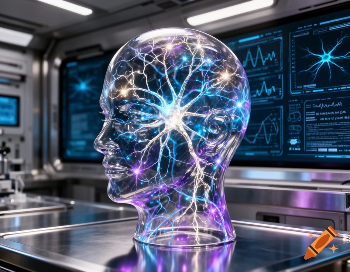 A transparent human head with a glowing neural network inside, set in a futuristic laboratory with data screens.