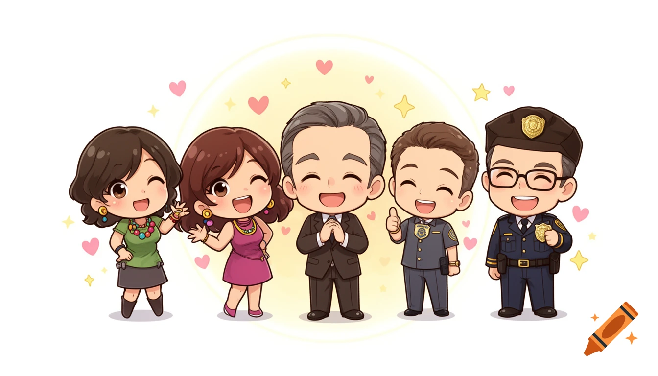 Five happy chibi cartoon characters, two women and three men, including two police officers, against a light background with hearts and stars.