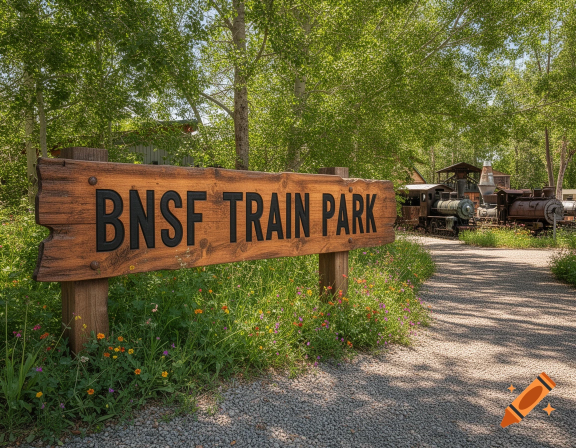 A rustic wooden sign for BNSF Train Park stands on a gravel path with old trains and green trees in the background.