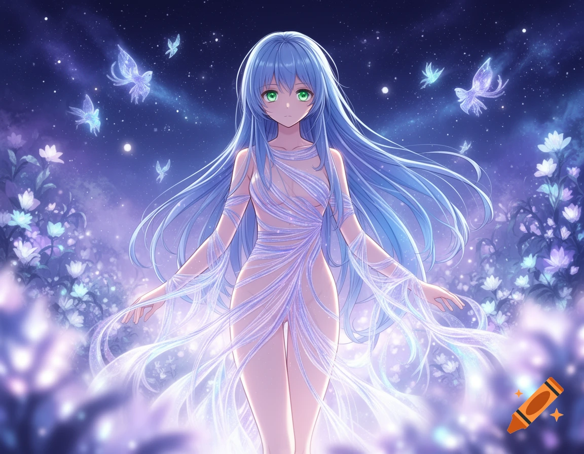 An anime girl with long blue hair and green eyes, wearing a shimmering, sheer dress, stands in a magical garden under a starry sky with glowing butterflies and flowers.