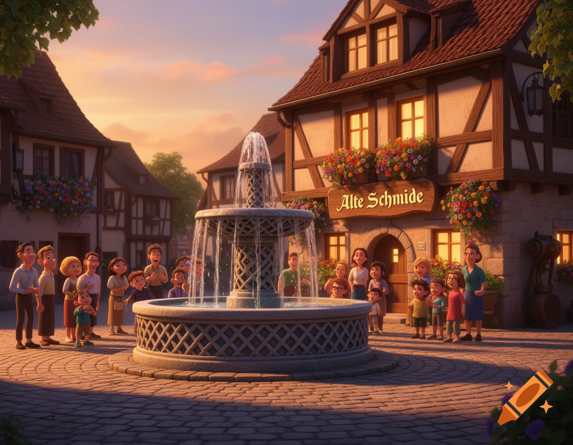 A charming 3D animated scene of a village square with a stone fountain, half-timbered houses, and groups of people at sunset. The sign on the house reads "Alte Schmiede".