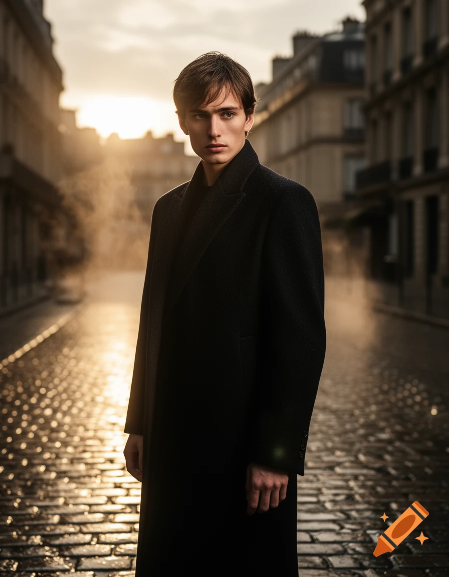 A young man in a black overcoat stands on a wet cobblestone street at sunset, looking at the viewer, with old buildings in the background. Photorealistic style.