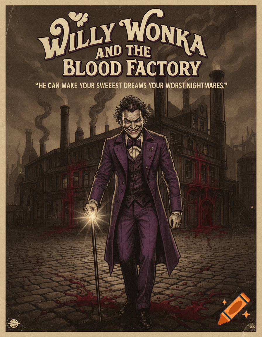 A vintage horror movie poster featuring a Joker-like character in a purple suit, holding a glowing cane, in front of a dark factory with blood splatters on the ground and building. The title reads "Willy Wonka and the Blood Factory" with a tagline.