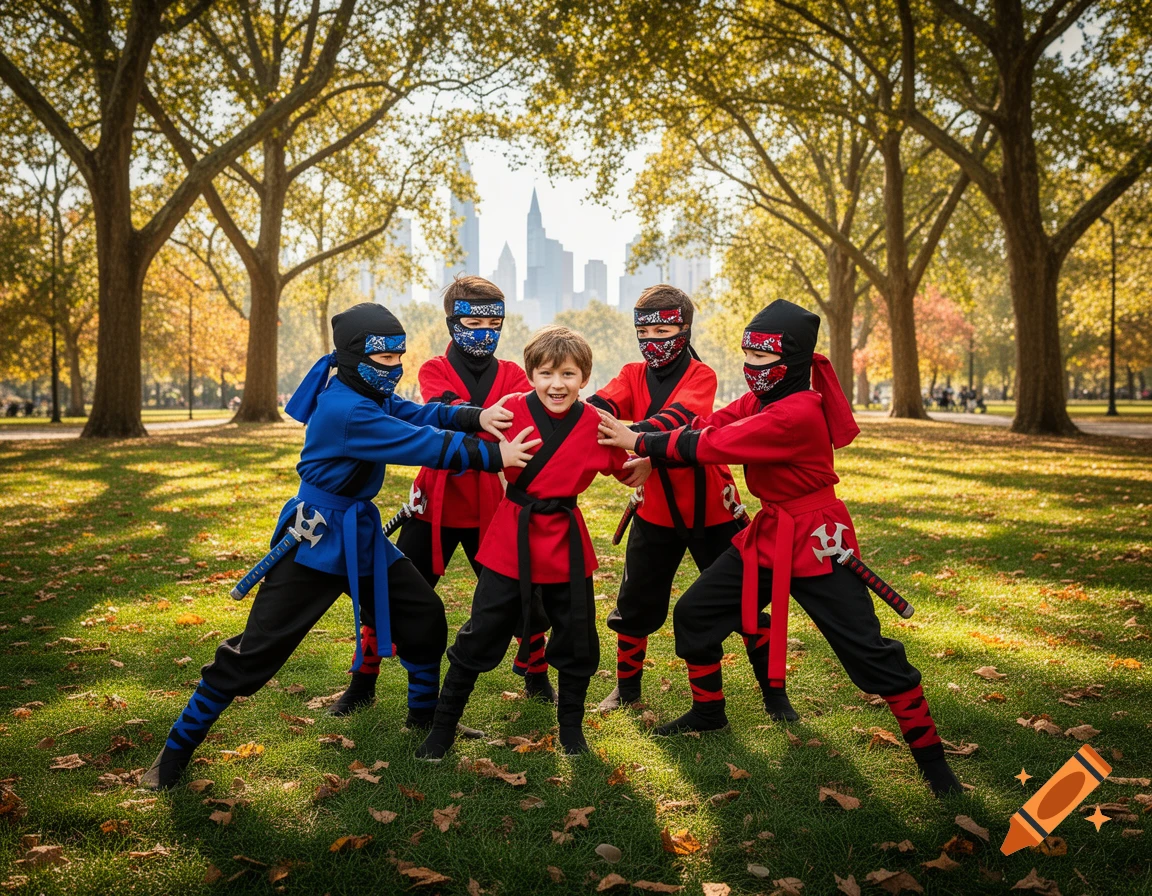 Five young boys dressed as ninjas, four in red and blue surrounding one, pose in a sunny park with autumn trees and a city skyline.
