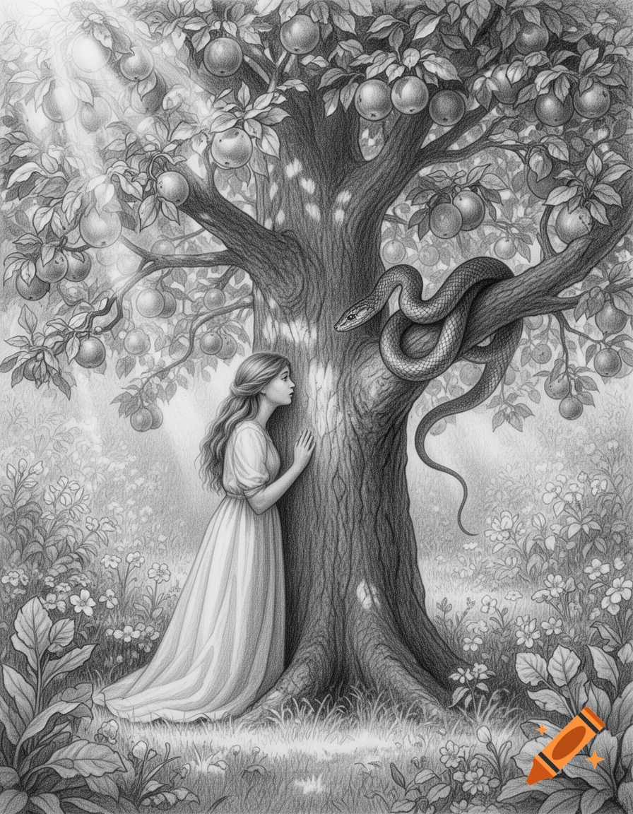 Detailed pencil drawing of Eve in a long dress by the Tree of Knowledge, with a snake on a branch, in a peaceful garden.
