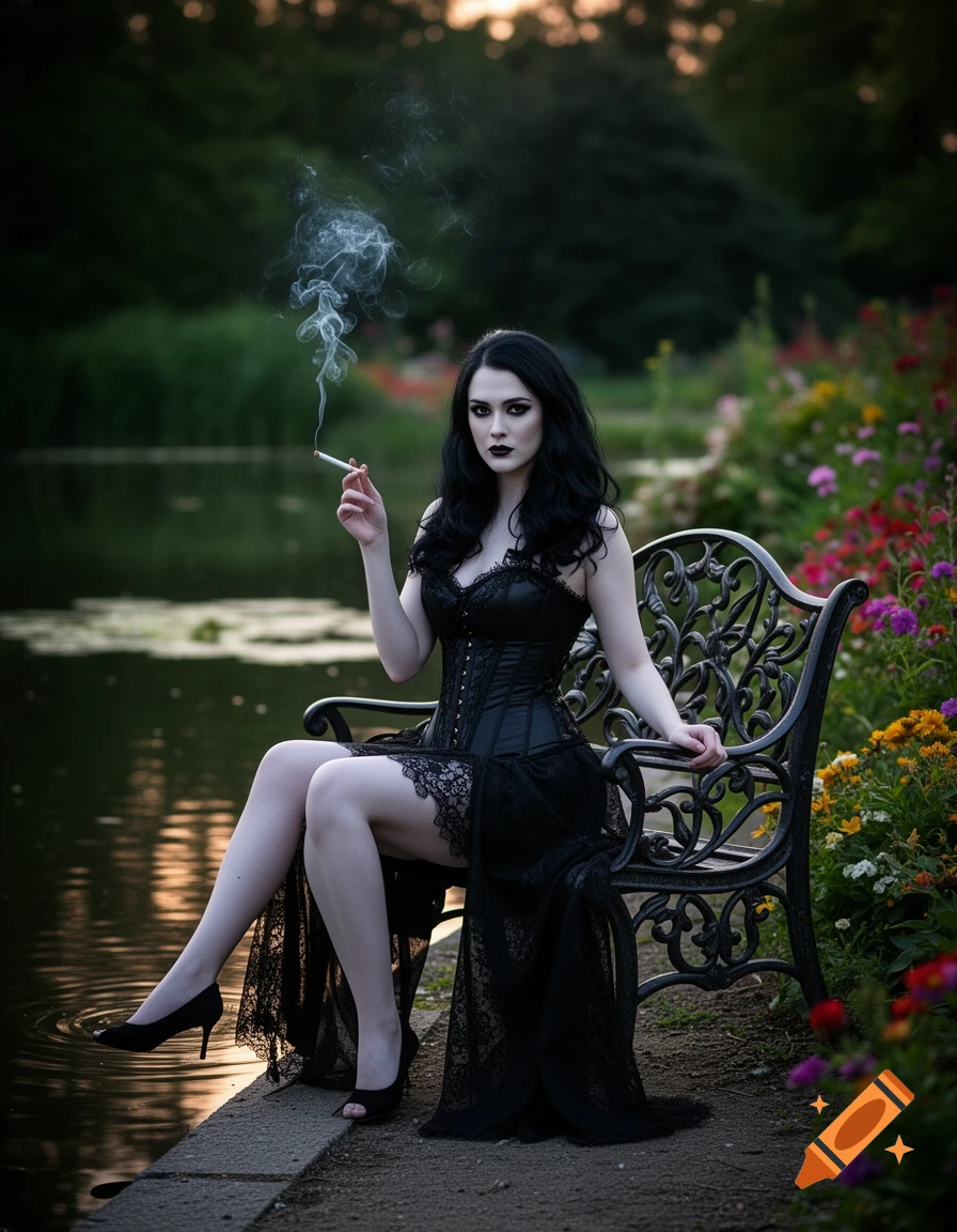 Photorealistic image of a goth woman in a black corset dress sitting on a park bench by a pond, smoking a cigarette, at sunset.