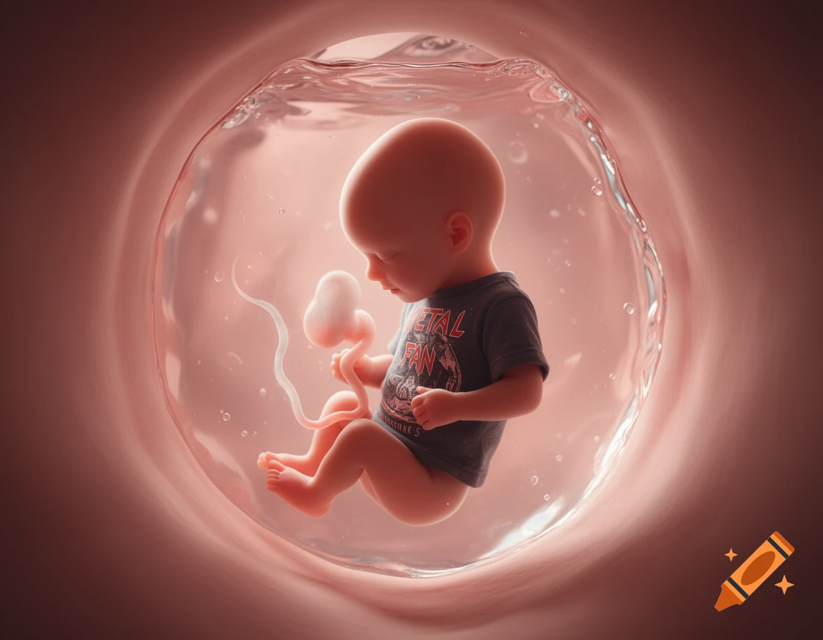 A photorealistic image of a fetus inside a womb, wearing a black t-shirt that says "METAL FAN" in red lettering.