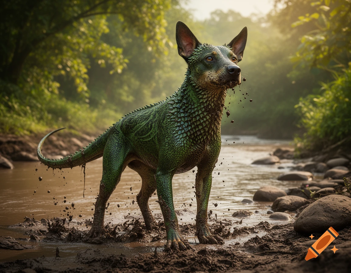 A photorealistic green dog-lizard hybrid with scales stands in muddy water in a forest stream, splattering mud.