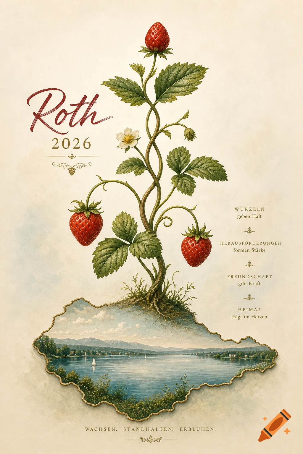 Detailed botanical illustration of a strawberry plant with fruit and flowers growing from a landmass shaped like Lake Ammersee. The landmass features a landscape painting of a lake with mountains, sailboats, and trees. Text includes 'Roth 2026' and German phrases, all in a vintage style.