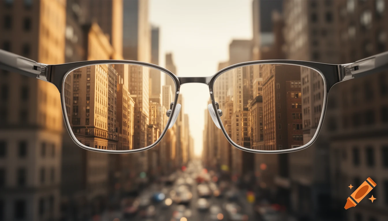 Modern eyeglasses viewing a sharp city street with buildings in the distance, while outside the lenses is blurred.