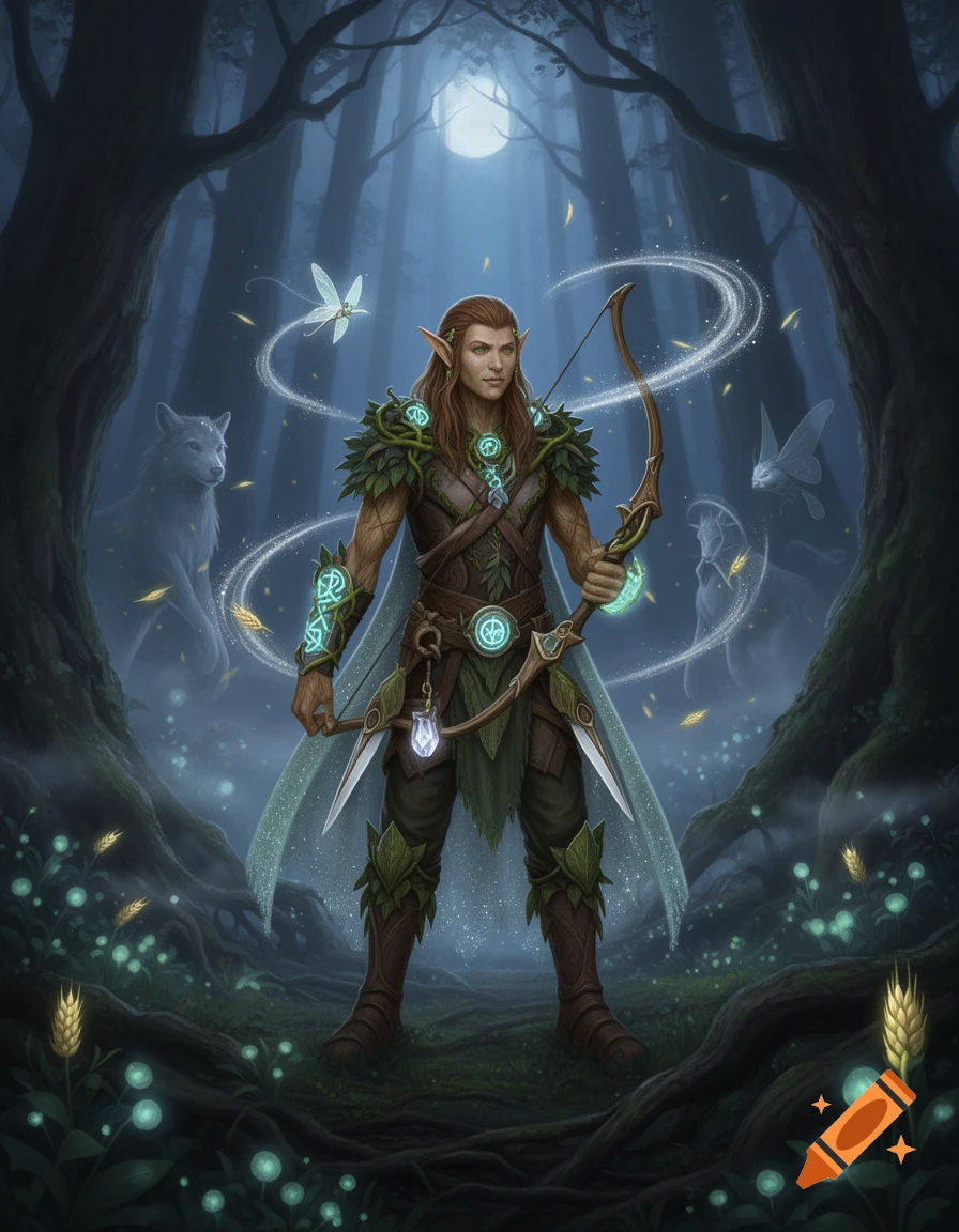 A male wood elf with a bow stands in a mystical moonlit forest with glowing plants and ethereal spirits, fantasy illustration.