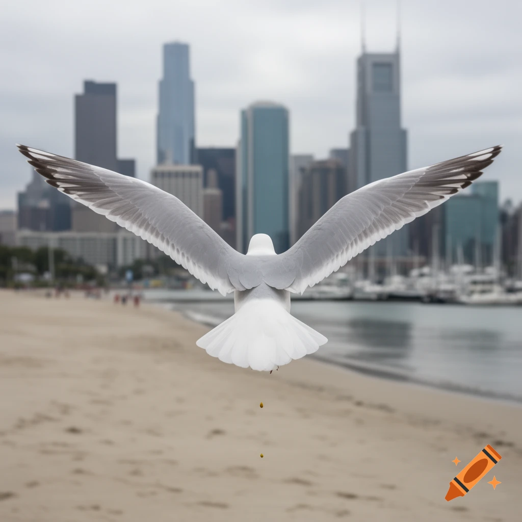 Photorealistic image of a seagull flying over a sandy beach with a blurred city skyline in the background, captured from behind as it poops.