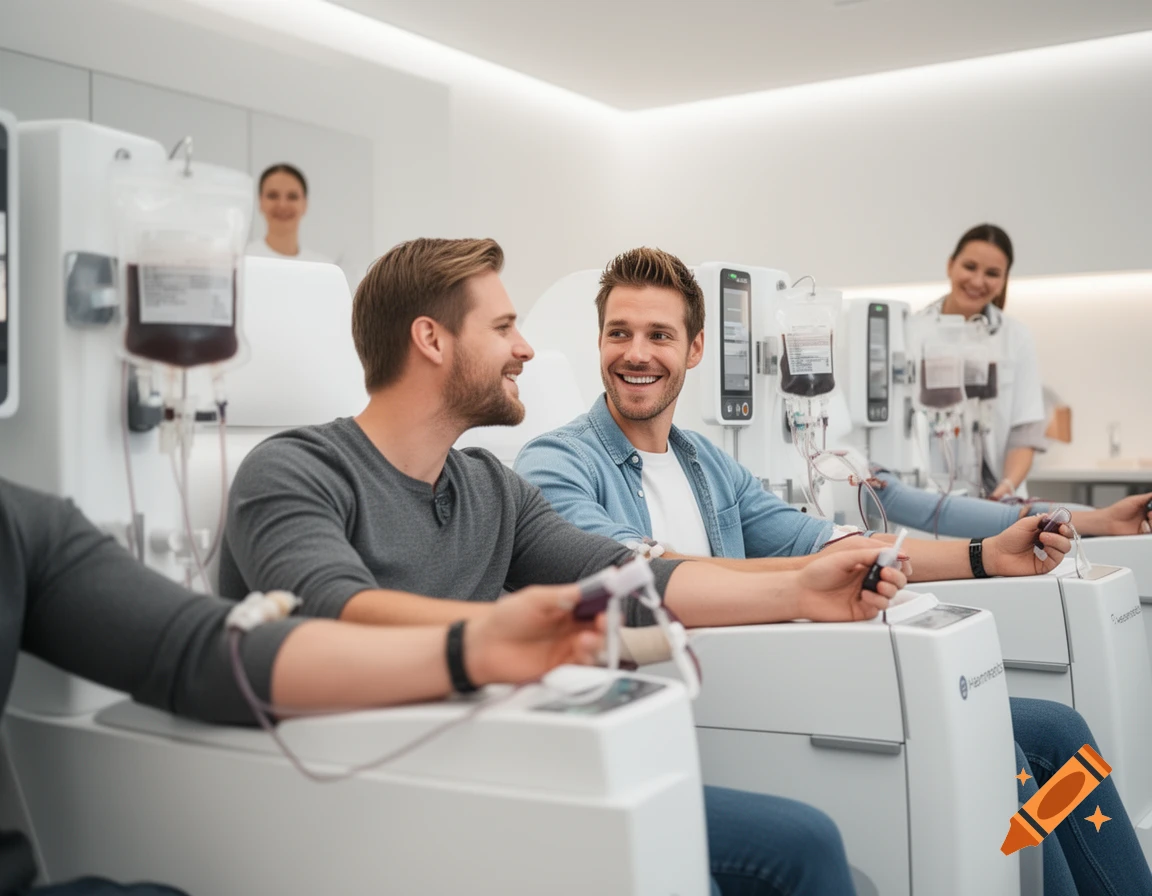 Two men smiling while donating plasma in a bright, modern medical facility, with nurses in the background. Photorealistic style.