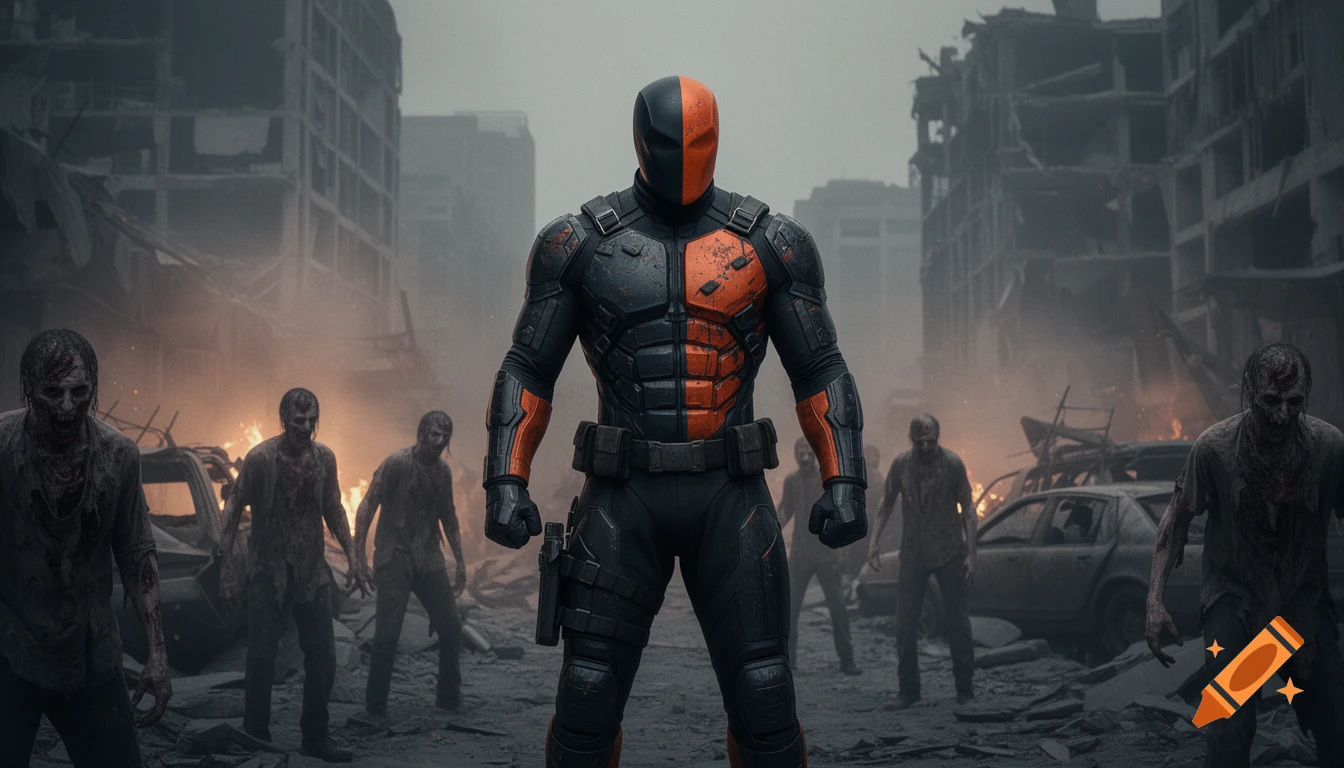 Deathstroke stands amidst a horde of zombies in a desolate, ruined city with burning debris, in a grim, cinematic style.
