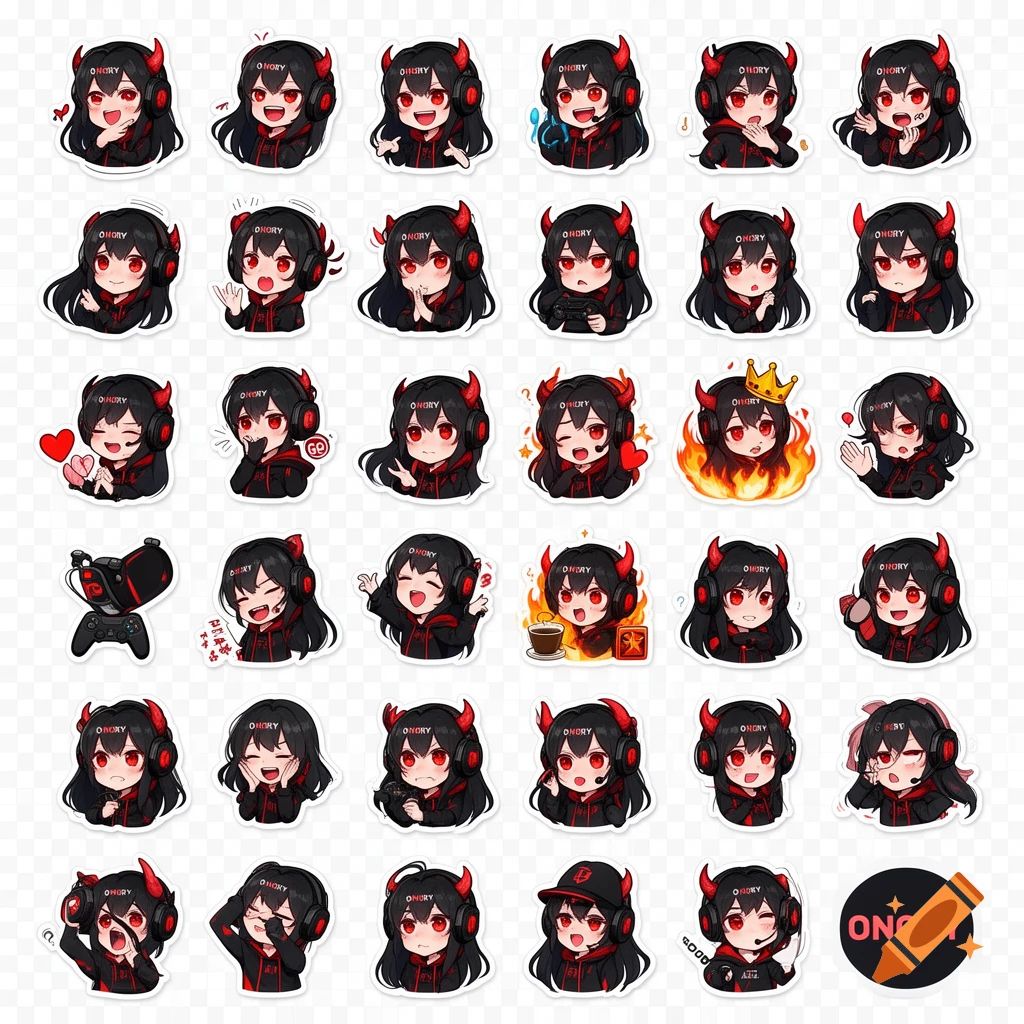 Grid of expressive chibi anime demon girl stickers with black hair, red eyes, horns, and gaming headsets, some with 'ONORY' text.