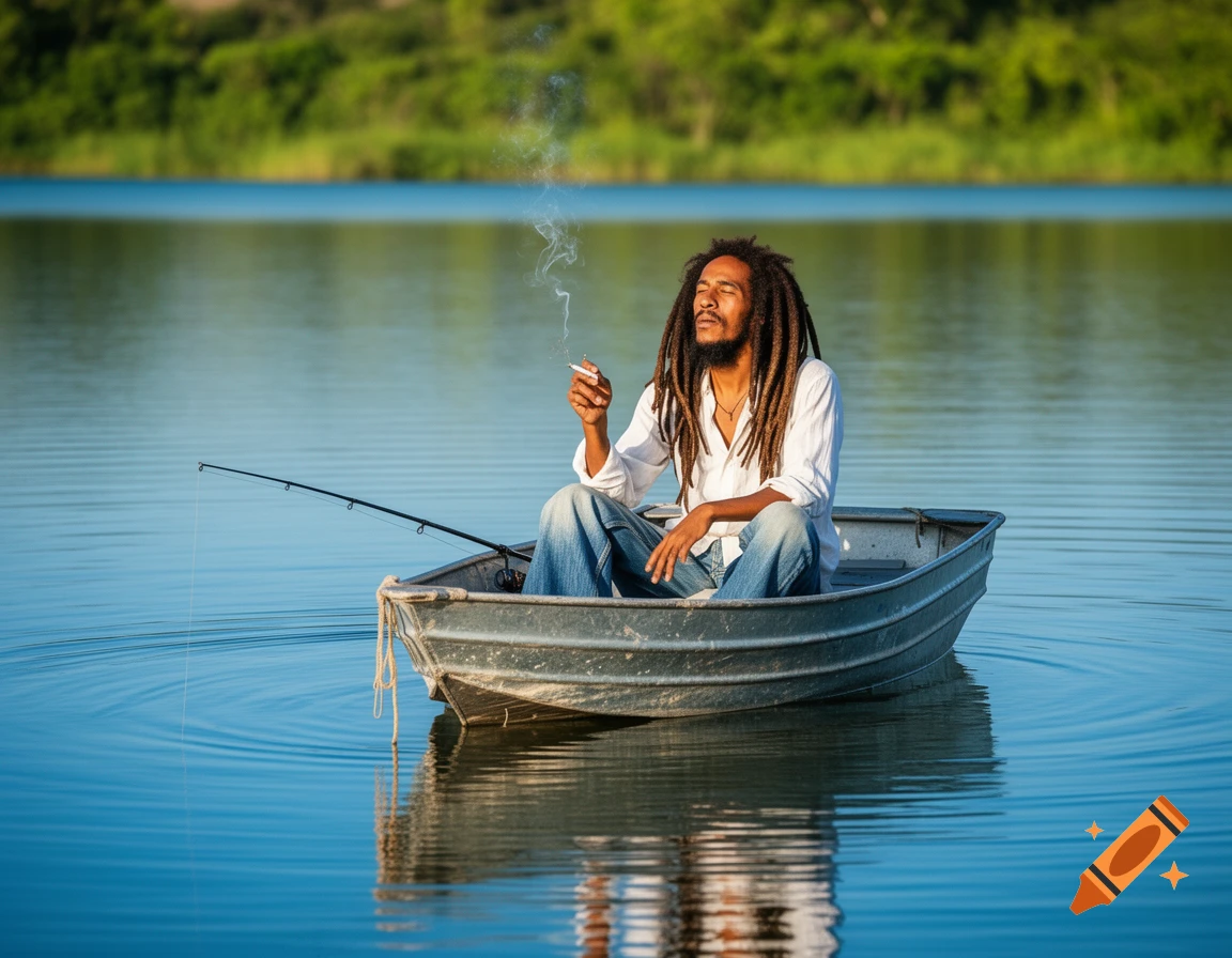 A man with dreadlocks sits in a small boat on a lake, fishing and smoking, with green trees in the background. Photorealistic.