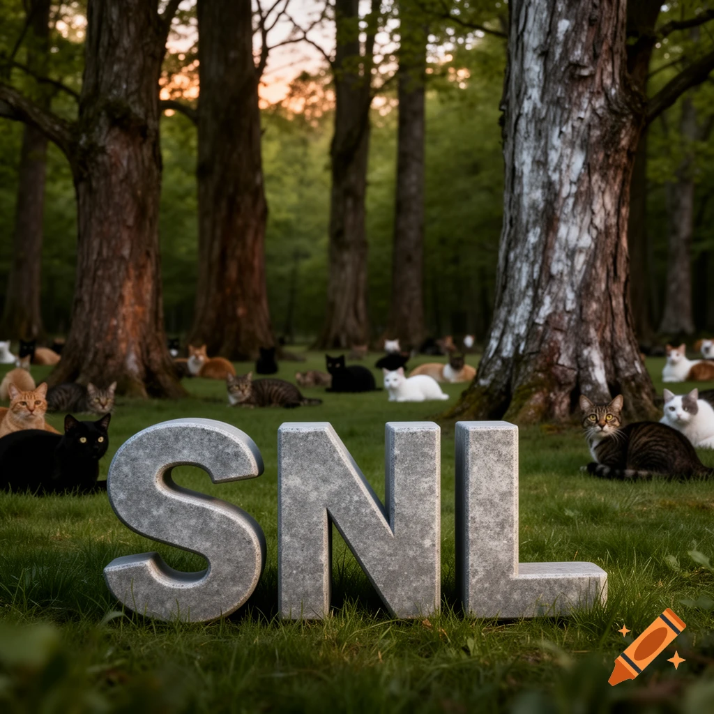 Large stone letters 'SNL' rest on grassy ground in a forest, surrounded by many domestic cats.