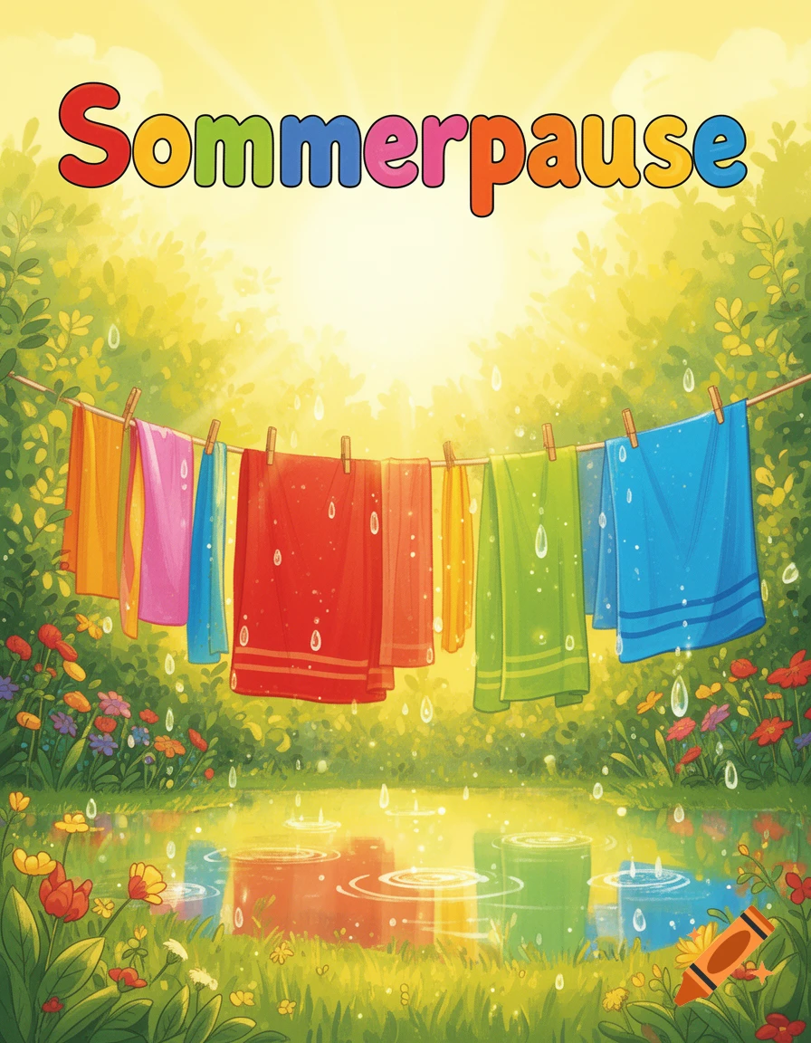 Vibrant cartoon illustration of colorful laundry drying on a line in a sunny summer garden with puddles and reflections. 'Sommerpause' text.