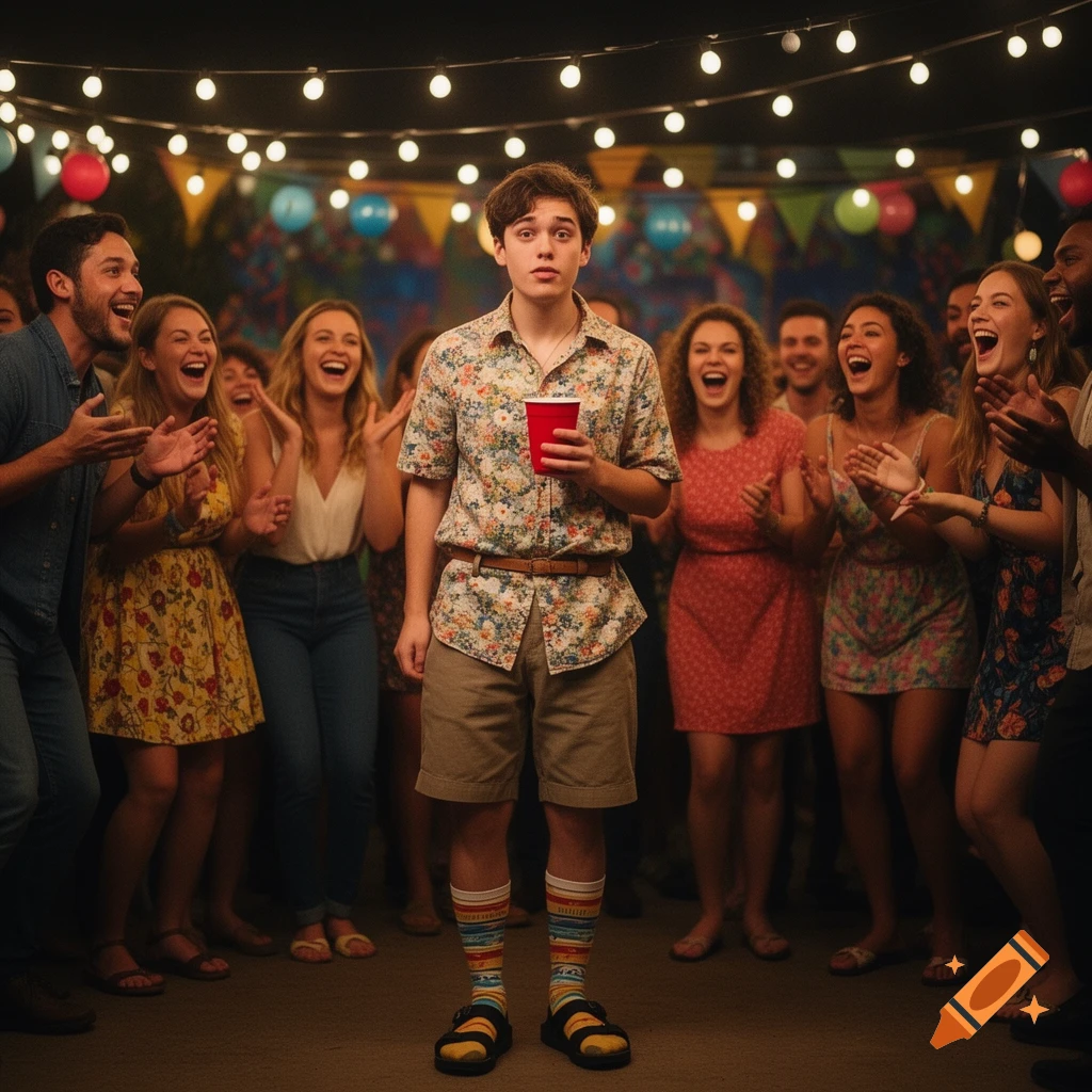 An awkward young man stands in the middle of a lively outdoor night party, surrounded by laughing friends.