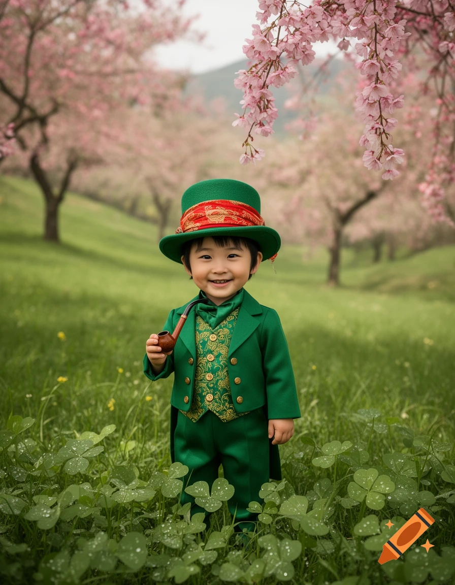 A smiling child dressed as a leprechaun in a green suit and top hat, holding a pipe, stands in a clover field under cherry blossoms.