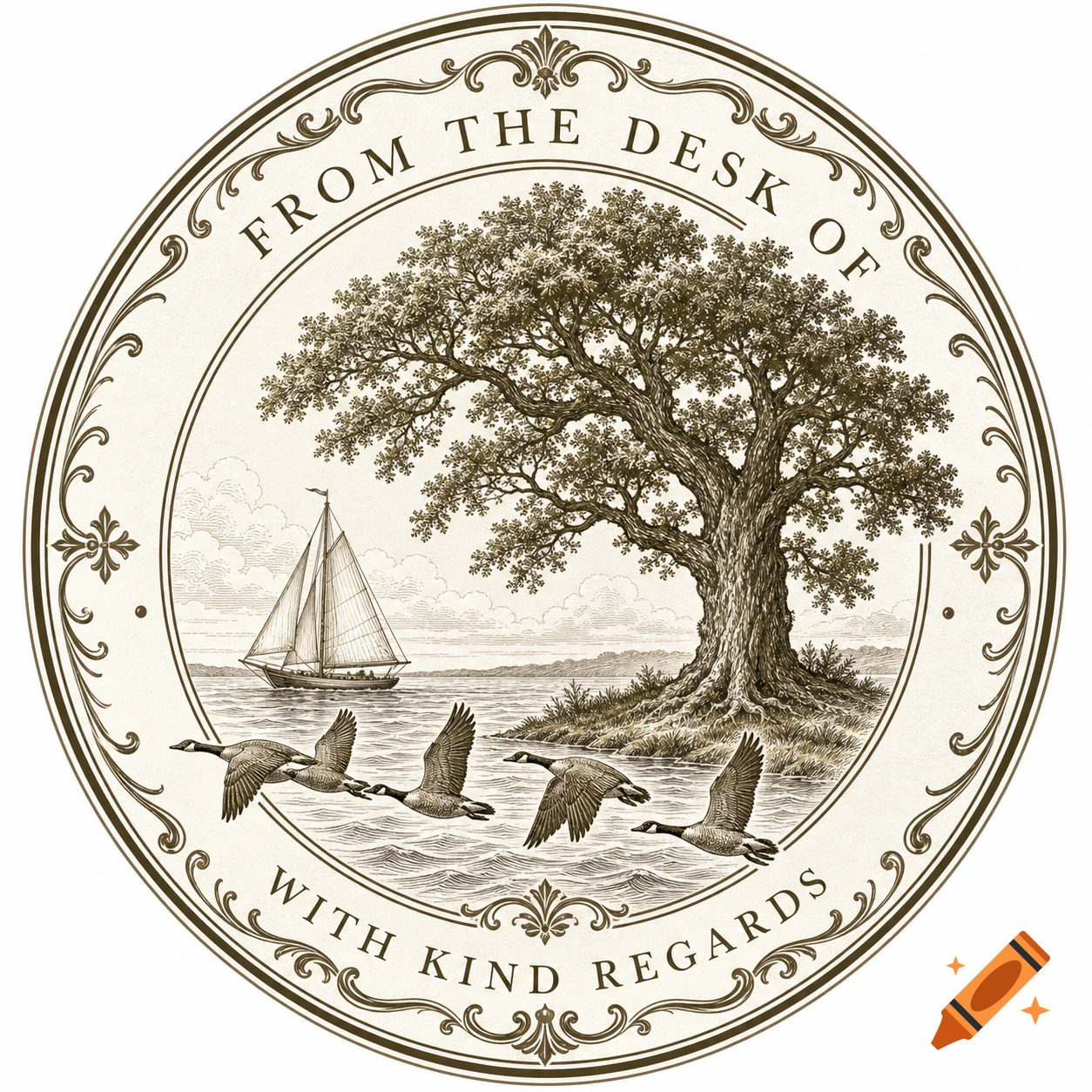 A circular vintage-style sepia engraving seal with an oak tree on a small island, a sailboat on the water, and four geese flying. Text reads "FROM THE DESK OF" and "WITH KIND REGARDS".